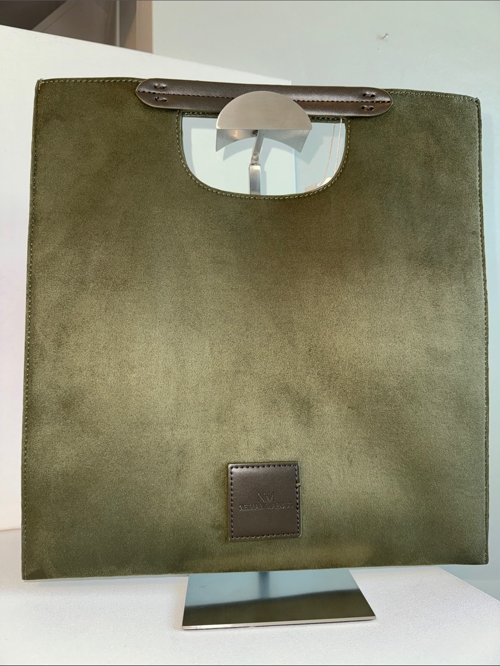 Neiman Marcus Faux Suede Satchel Tote Bag Cutout Handle Sage Green
